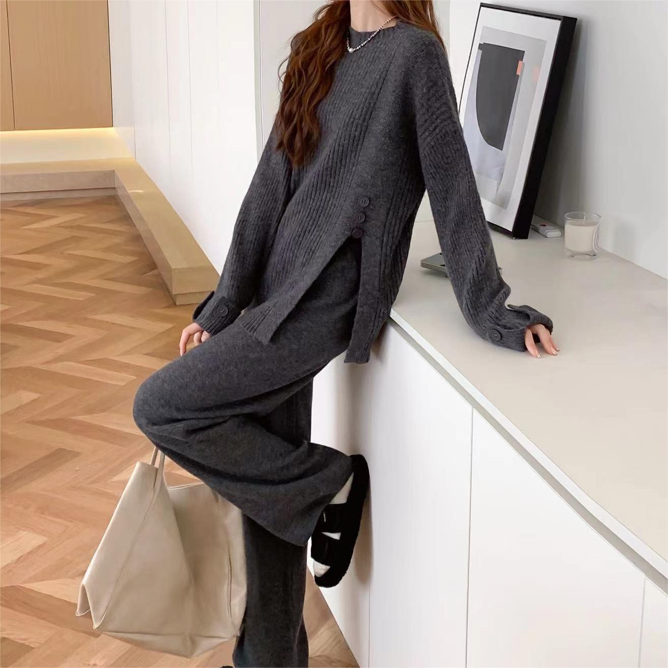 Casual Sports Style Suit Design Sense Slit Knitted Sweater Wide Leg Pants Two-piece Set