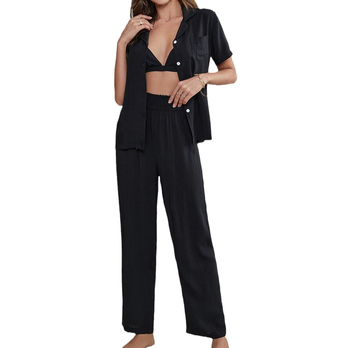 Ladies' Homewear Three-piece Thin Solid Color Casual Short-sleeved Trousers Home Pajamas